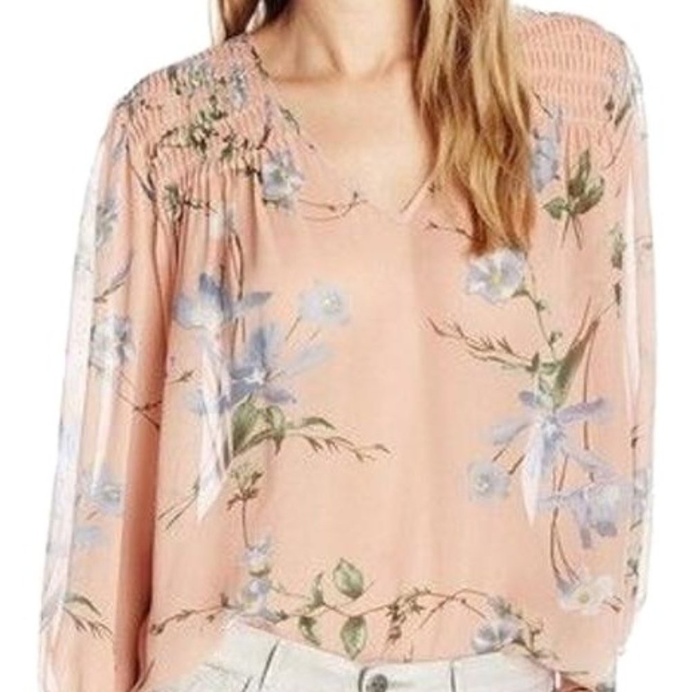Joie Kanni 100% Silk Smocked Floral Print Blouse